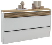 Moderner XXL-Hängeschuhschrank mit LED-Beleuchtung, weiße Fronten und Holzoberfläche, seitliche Perspektive