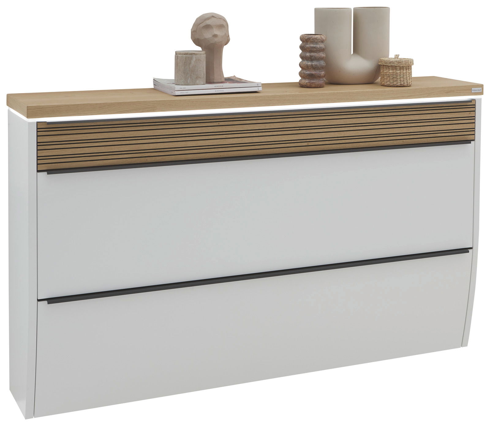 Moderner XXL-Hängeschuhschrank mit LED-Beleuchtung, weiße Fronten und Holzoberfläche, seitliche Perspektive