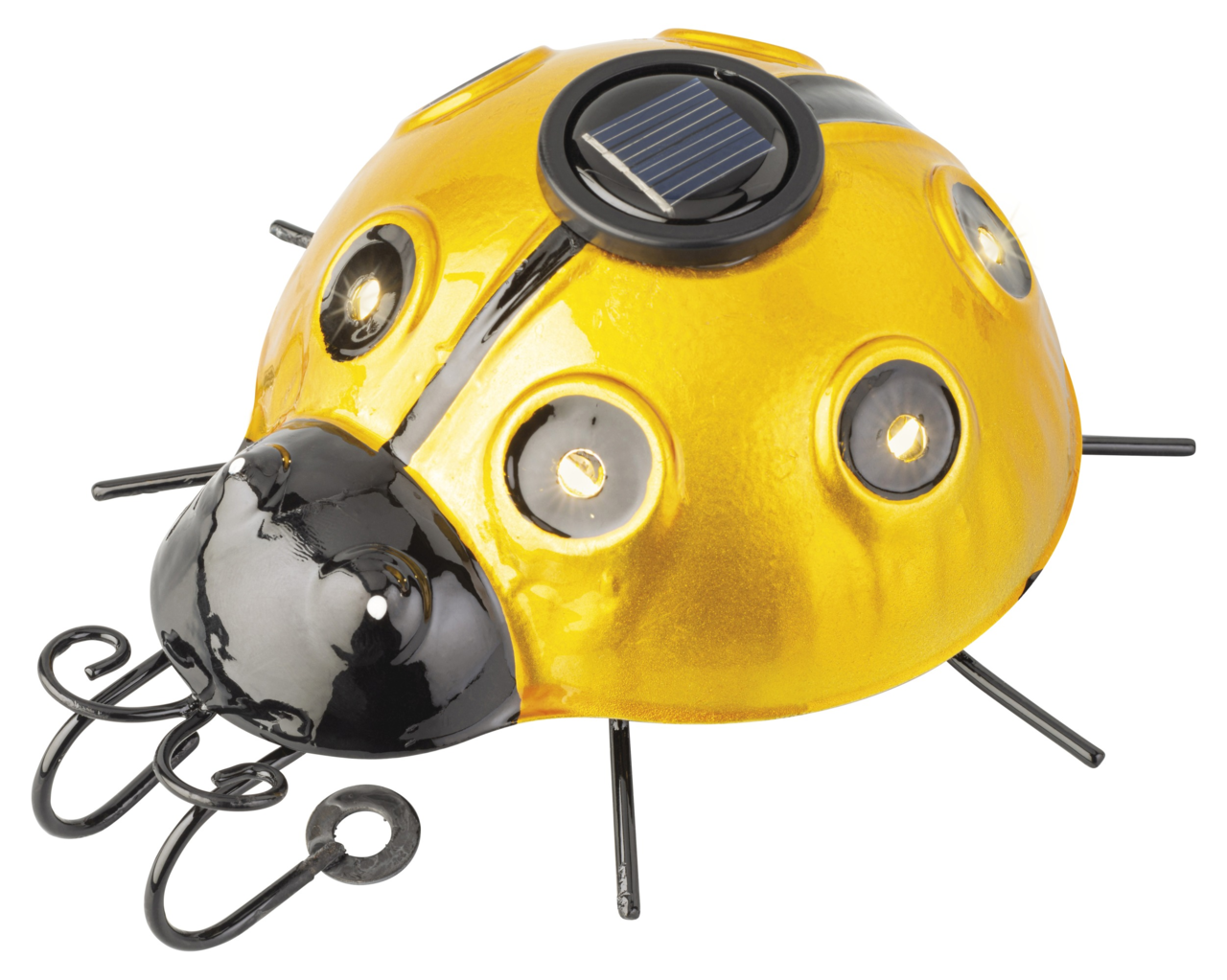 Gelbes Solar-Insekt aus Eisen in Marienkäferform mit Solarpanel auf dem Rücken, seitliche Perspektive