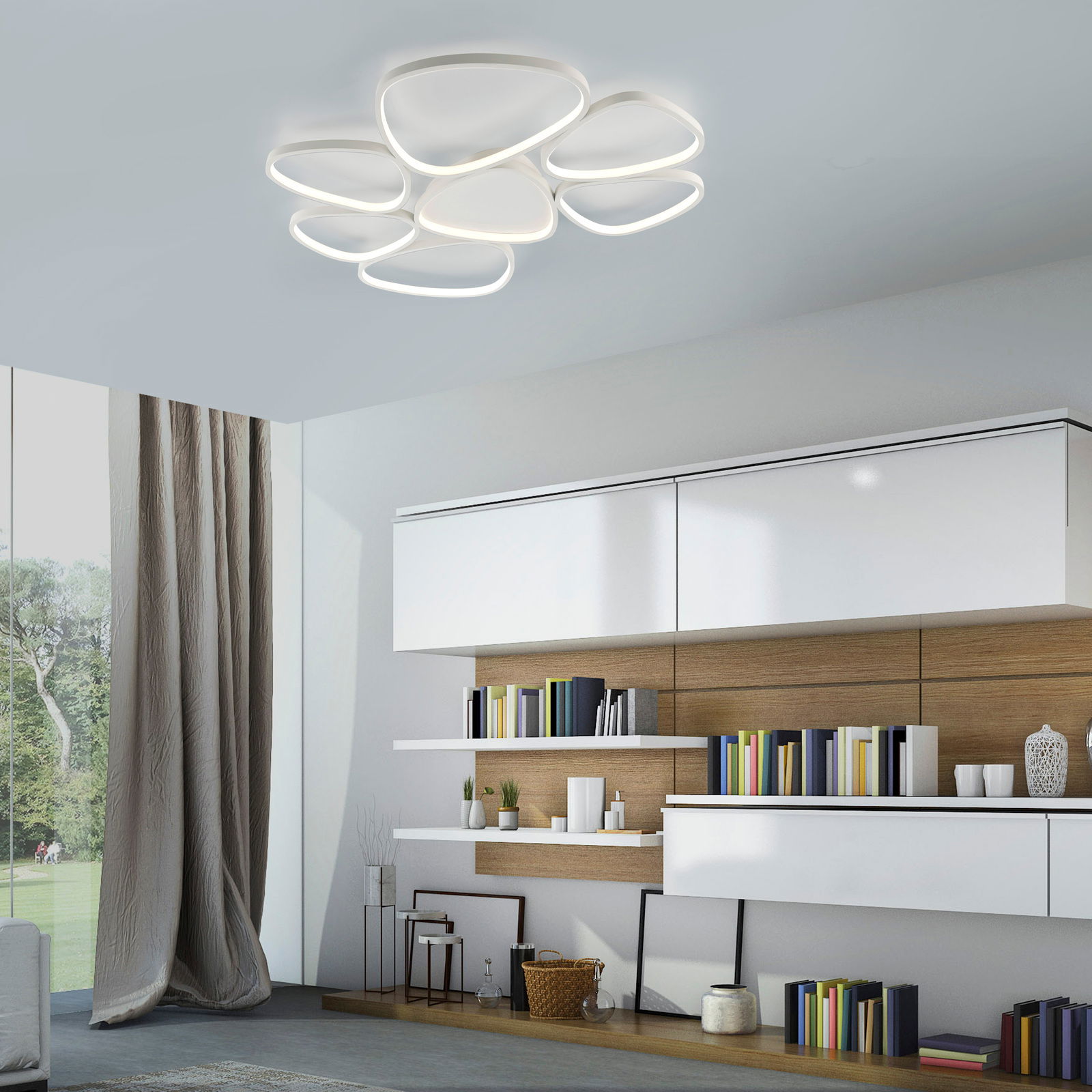 Just Light Deckenleuchte PEBBLES Moderne Deckenleuchte mit organischen Formen, von unten betrachtet in einem stilvollen Wohnzimmer.