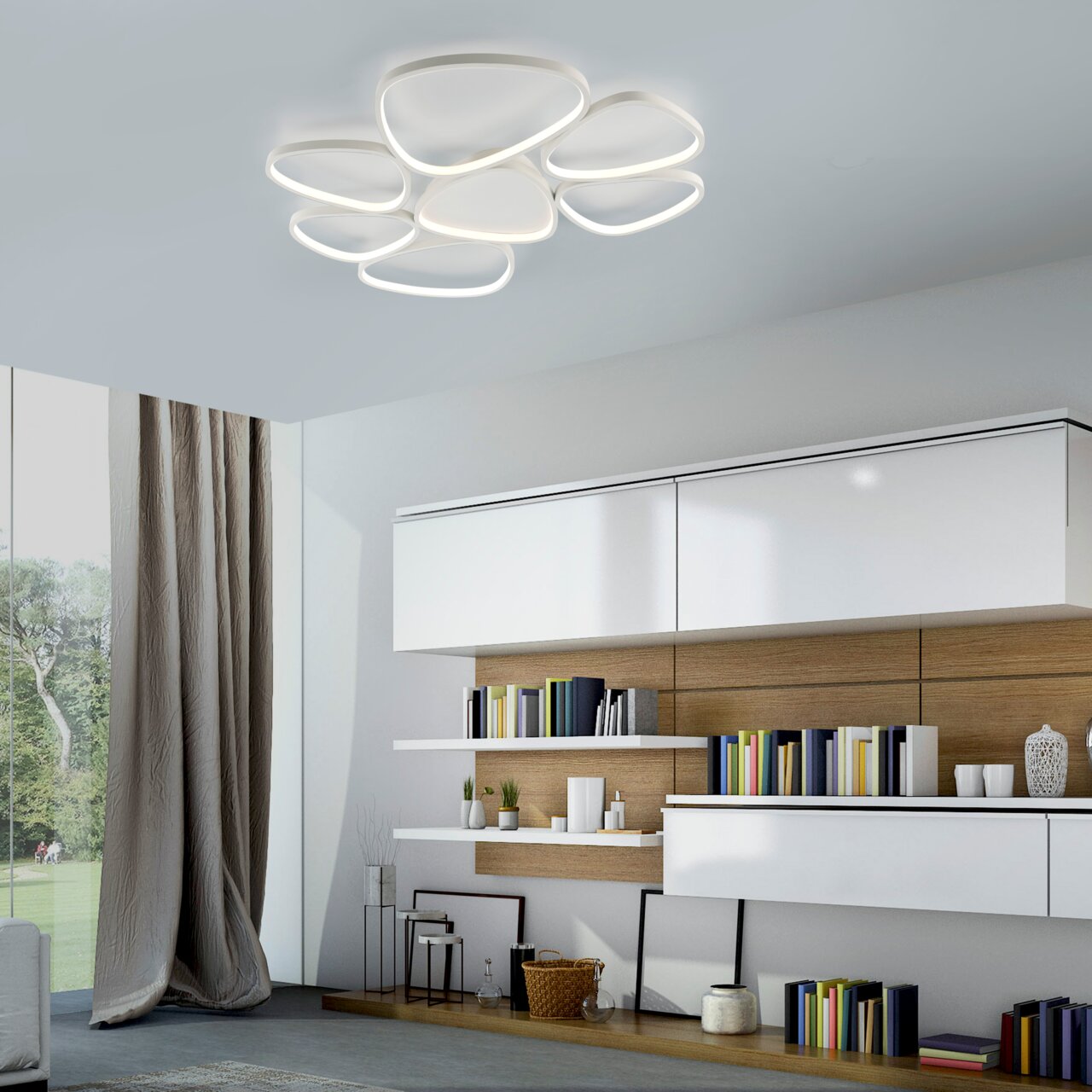 Just Light Deckenleuchte PEBBLES Moderne Deckenleuchte mit organischen Formen, von unten betrachtet in einem stilvollen Wohnzimmer.