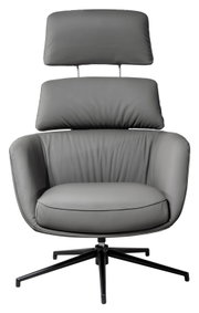 Grijze gestoffeerde relaxfauteuil met verstelbare hoofdsteun en zwart draaivoet, vooraanzicht