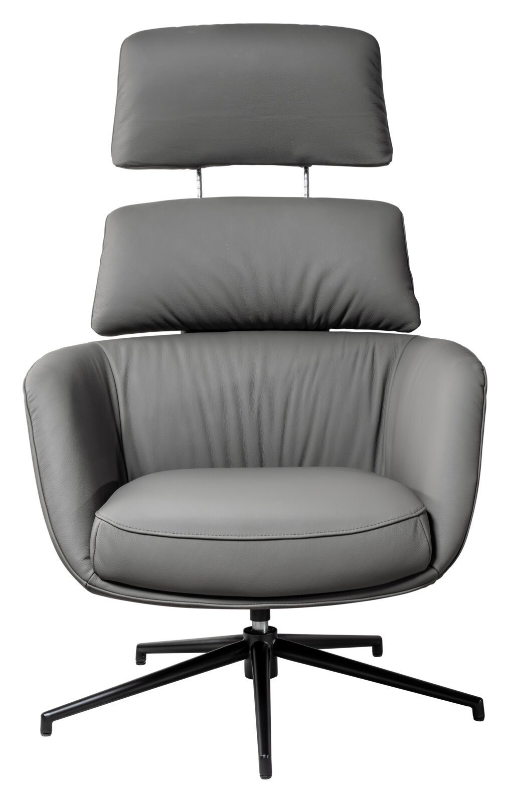Grijze gestoffeerde relaxfauteuil met verstelbare hoofdsteun en zwart draaivoet, vooraanzicht