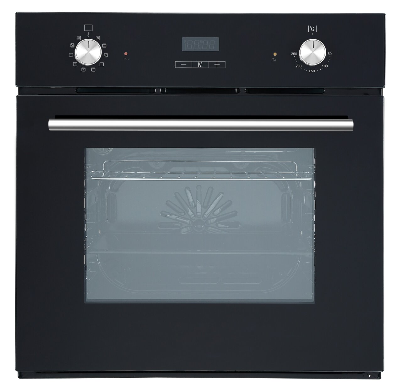 Schwarzer Einbaubackofen mit Edelstahlgriff, Frontansicht