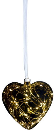 LED-Glasherz mit warmweißen Lichtern, von vorne betrachtet, an einem weißen Band hängend.