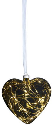 LED-Glasherz mit warmweißen Lichtern, von vorne betrachtet, an einem weißen Band hängend.