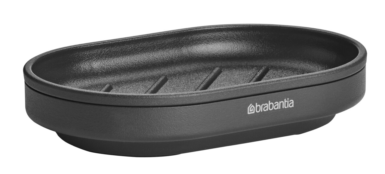 Brabantia Seifenschale MINDSET Schwarze Seifenschale aus Kunststoff mit Rillen, seitliche Perspektive