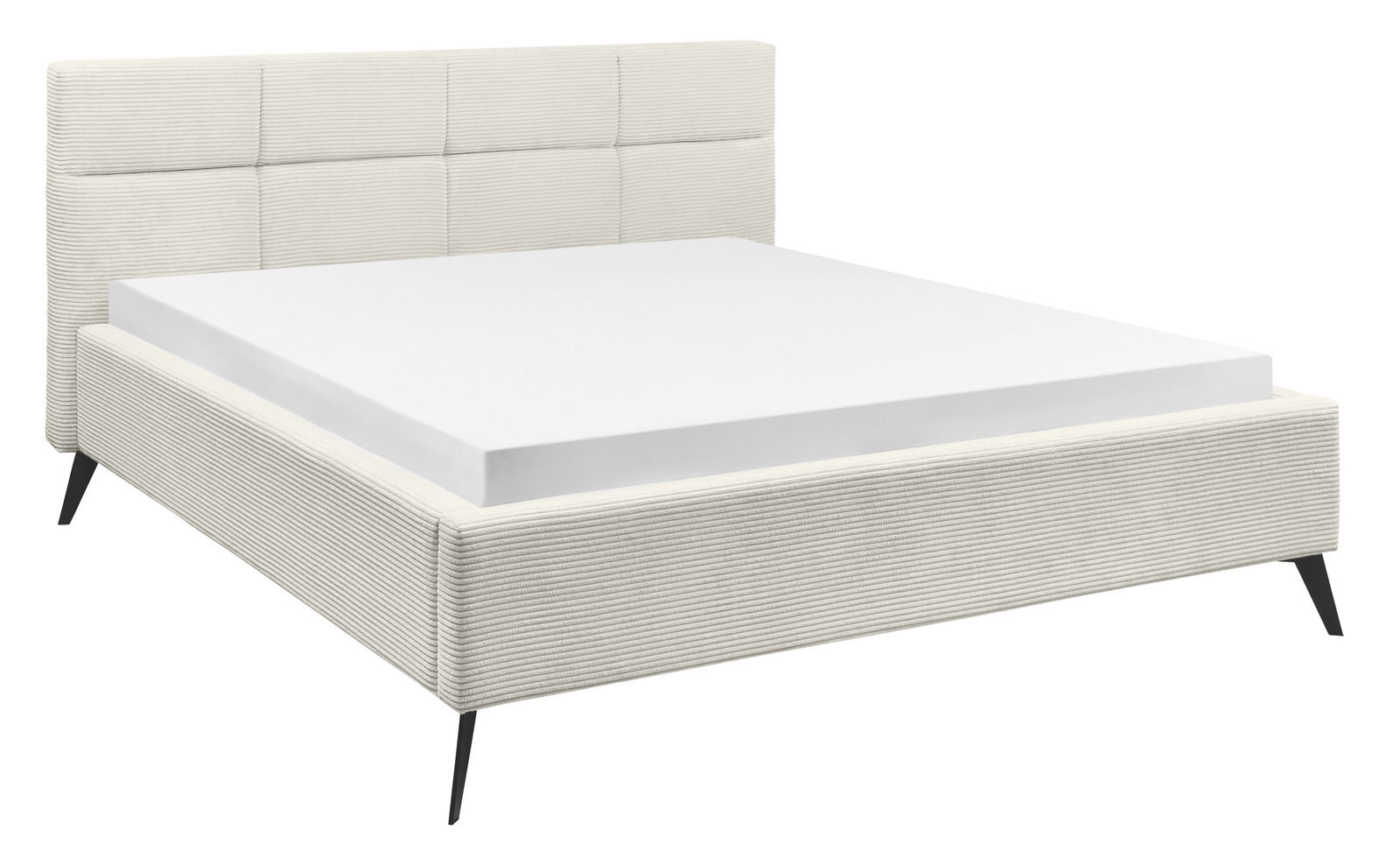Modernes Polsterbett mit gestepptem Kopfteil und schlanken schwarzen Beinen, seitliche Perspektive.