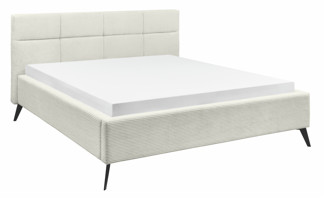 Modernes Polsterbett mit gestepptem Kopfteil und schlanken schwarzen Beinen, seitliche Perspektive.