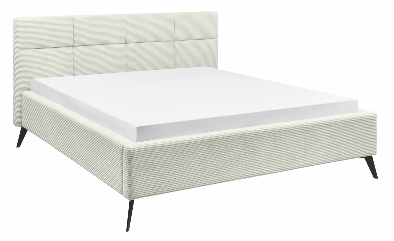 Modernes Polsterbett mit gestepptem Kopfteil und schlanken schwarzen Beinen, seitliche Perspektive.