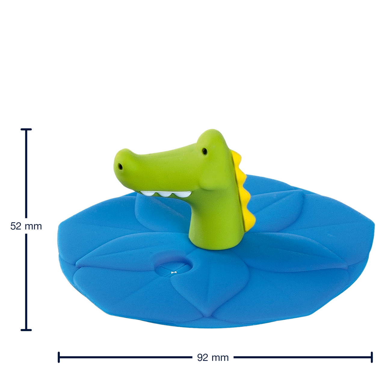 Kindertrinkset Krokodil, bestehend aus einem blauen Deckel mit einem grünen Krokodilkopf, seitliche Perspektive