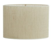 Ovaler, gerader Lampenschirm aus beigem Stoff, frontal betrachtet.