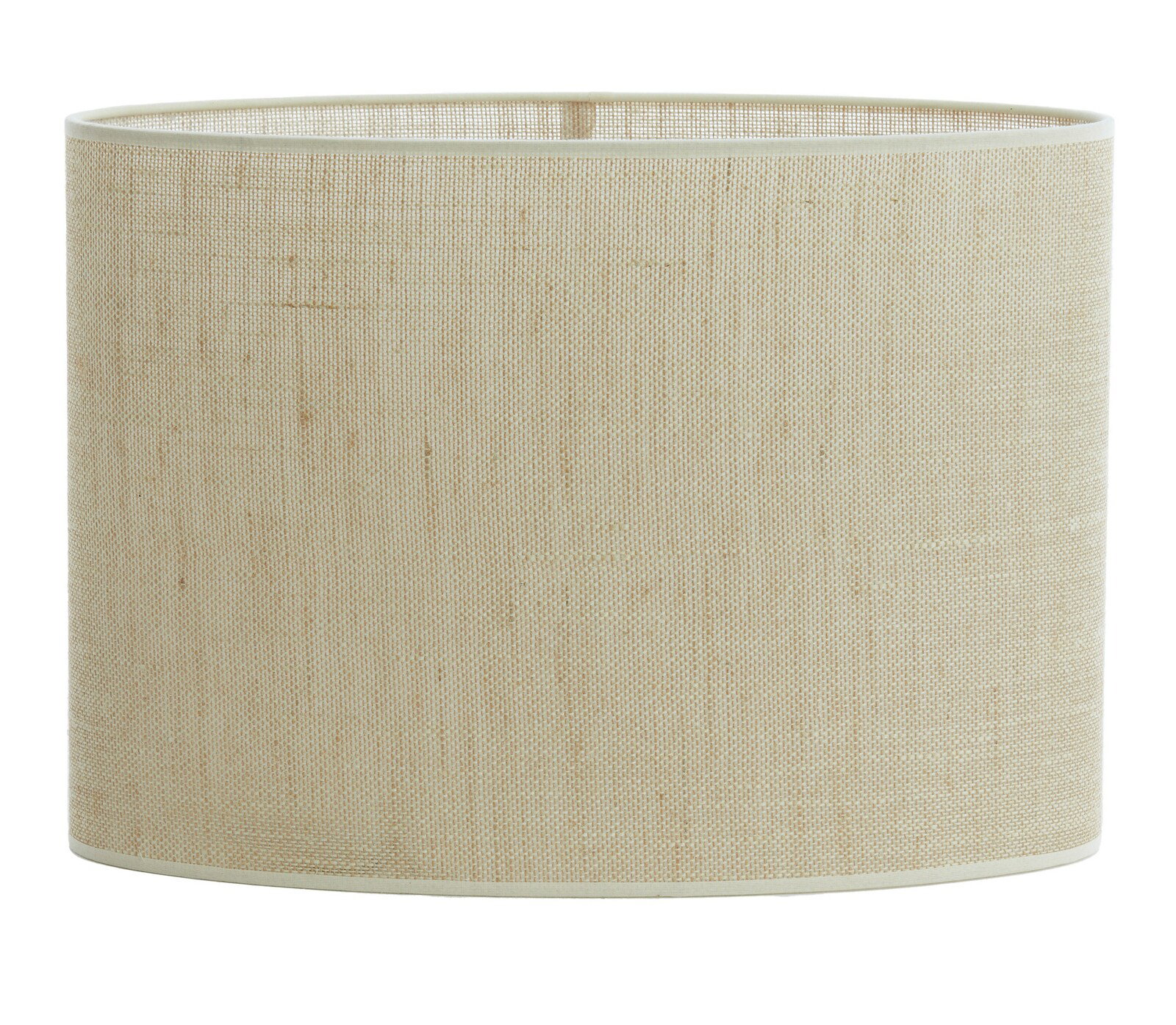 Ovaler, gerader Lampenschirm aus beigem Stoff, frontal betrachtet.