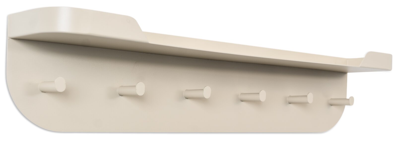 Wandgarderobe XORA JIL in seitlicher Perspektive mit sechs Haken und einer Ablagefläche, cremefarben.