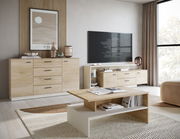 Modernes Wohnzimmer mit TV-Lowboard in Holzoptik, frontal betrachtet, neben einem großen Fenster mit Vorhängen.