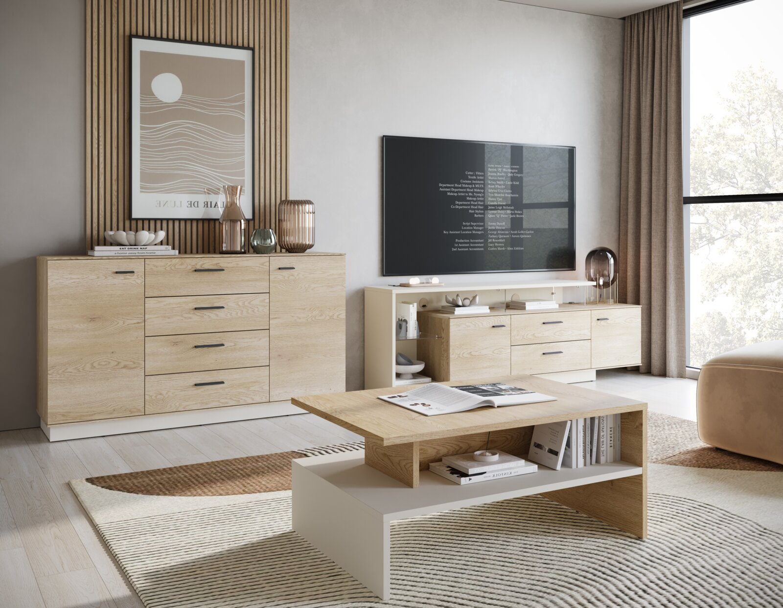 Z2 Tv-kast LAGOON Moderne woonkamer met een tv-kast in houtlook, gezien vanaf de voorkant, naast een groot raam met gordijnen.