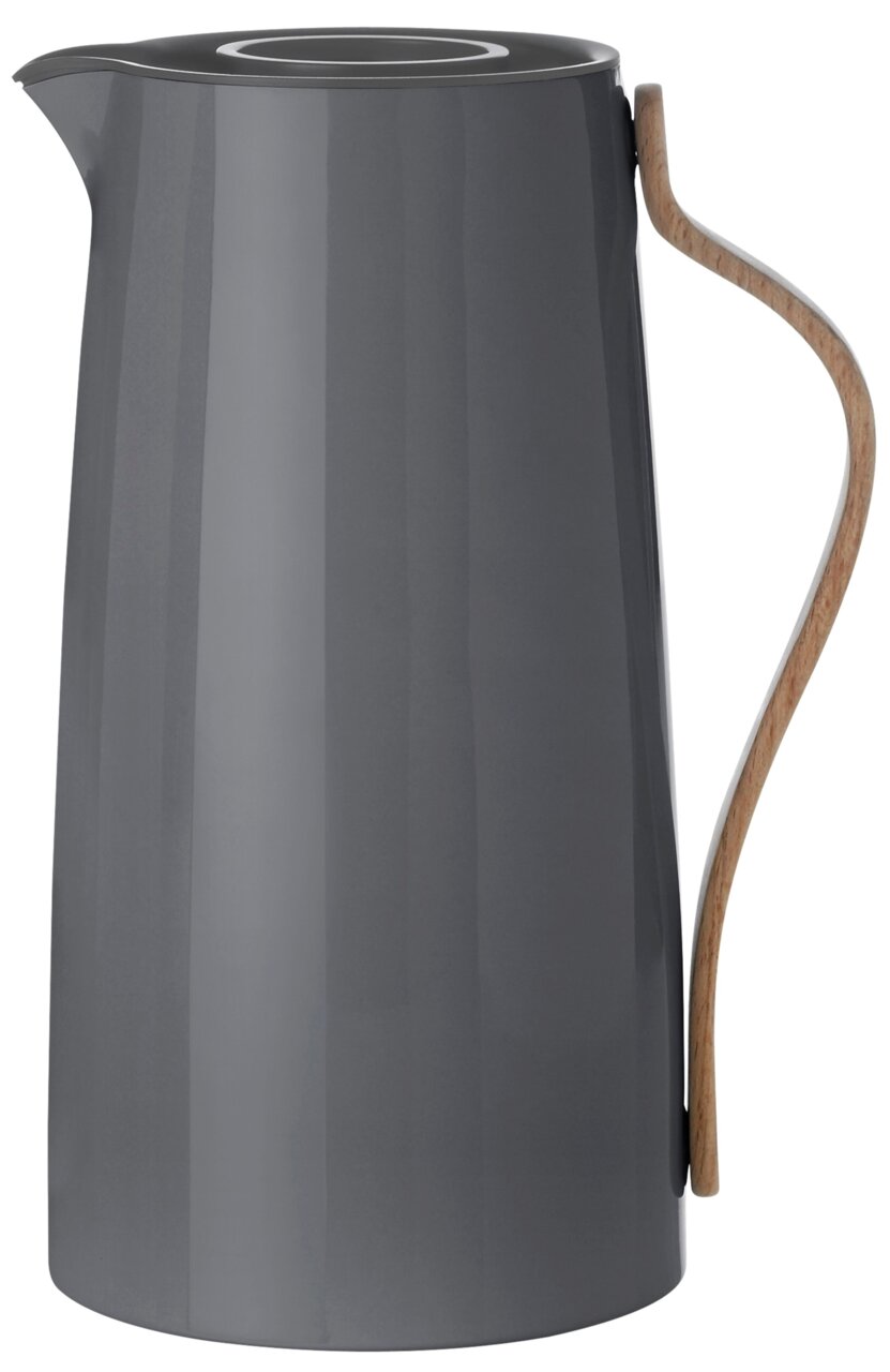 Stelton Isolierkanne EMMA Graue Isolierkanne mit elegantem Holzgriff, seitliche Perspektive