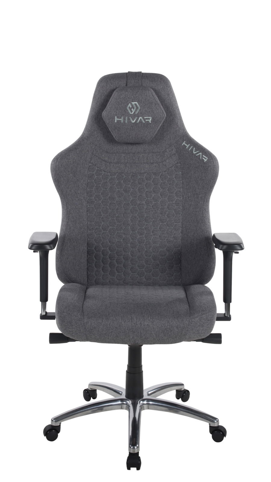 Grauer Gaming Stuhl mit ergonomischem Design, von vorne gesehen, mit verstellbaren Armlehnen und gepolsterter Rückenlehne.