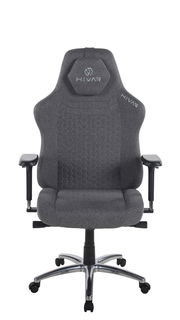 Grauer Gaming Stuhl mit ergonomischem Design, von vorne gesehen, mit verstellbaren Armlehnen und gepolsterter Rückenlehne.