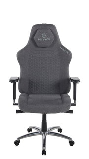 Grauer Gaming Stuhl mit ergonomischem Design, von vorne gesehen, mit verstellbaren Armlehnen und gepolsterter Rückenlehne.