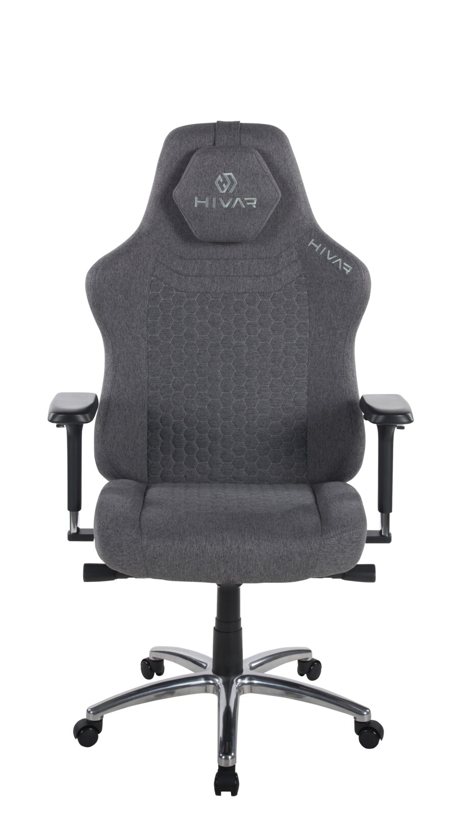 Grauer Gaming Stuhl mit ergonomischem Design, von vorne gesehen, mit verstellbaren Armlehnen und gepolsterter Rückenlehne.