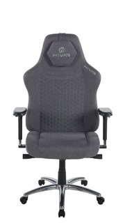 Grauer Gaming Stuhl mit ergonomischem Design, von vorne gesehen, mit verstellbaren Armlehnen und gepolsterter Rückenlehne.