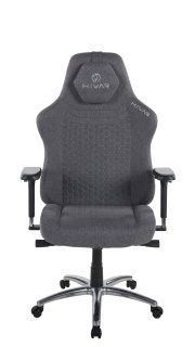 Grauer Gaming Stuhl mit ergonomischem Design, von vorne gesehen, mit verstellbaren Armlehnen und gepolsterter Rückenlehne.