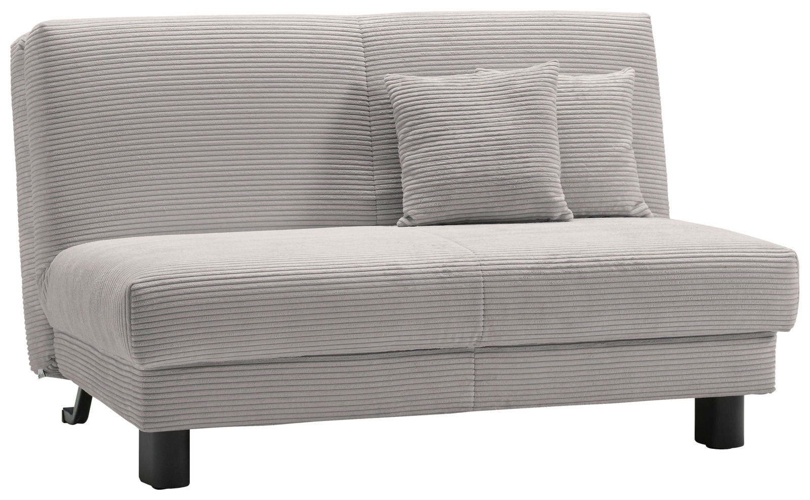 Z2 Schlafsofa ENNY Graues Funktionssofa mit geripptem Stoffbezug, zwei passenden Kissen und schwarzem Metallfuß, seitliche Perspektive