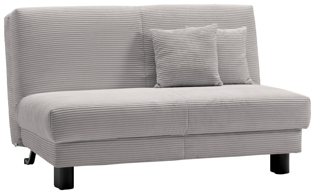 Z2 Schlafsofa ENNY Graues Funktionssofa mit geripptem Stoffbezug, zwei passenden Kissen und schwarzem Metallfuß, seitliche Perspektive