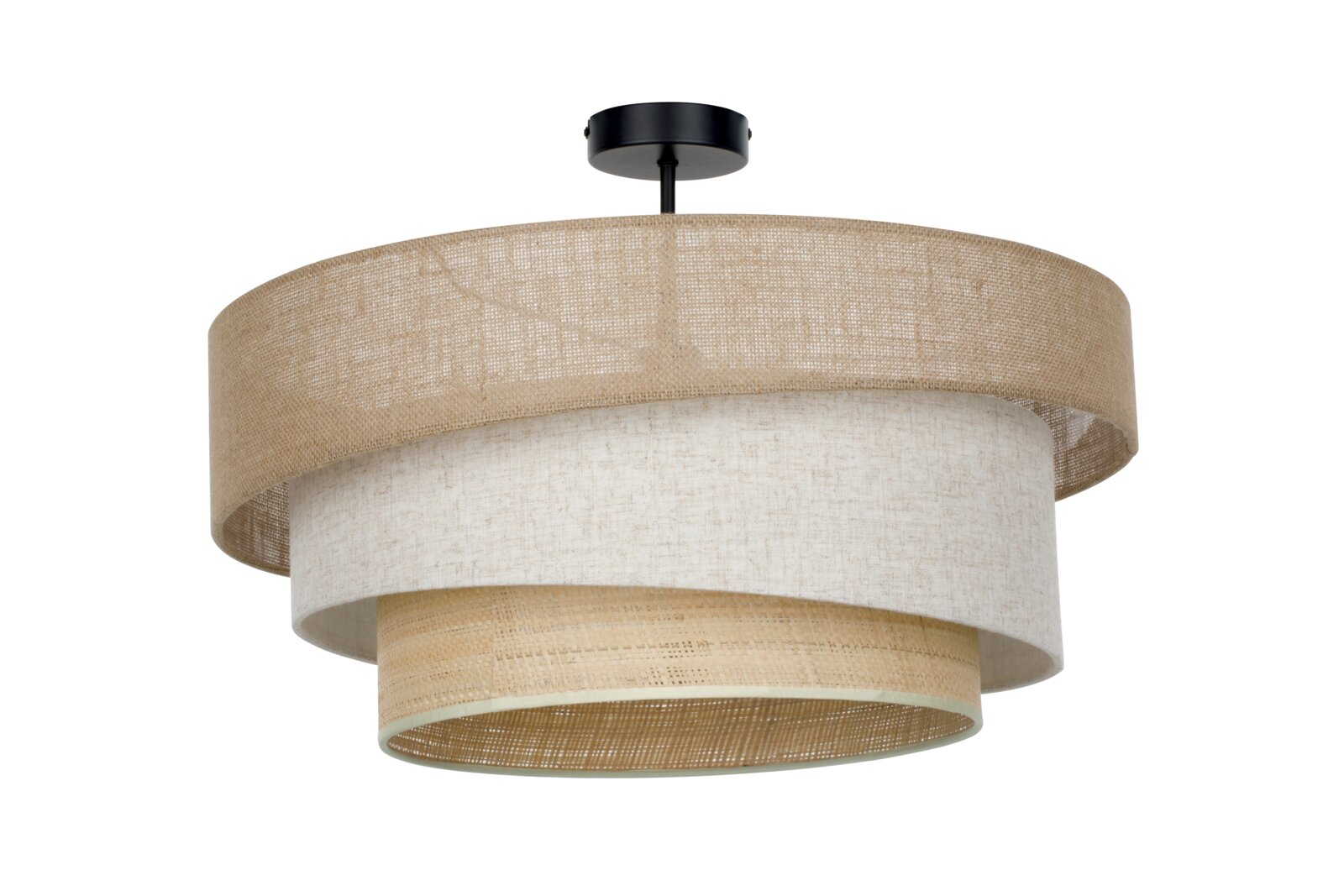 Moderne plafondlamp met drie lagen stoffen lampenkap in naturel en wit, met zwarte plafondbevestiging, frontaal aanzicht