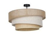 Moderne plafondlamp met drie lagen stoffen lampenkap in naturel en wit, met zwarte plafondbevestiging, frontaal aanzicht