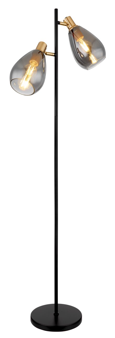 Globo Lighting Stehleuchte FANNI Moderne Stehleuchte mit zwei rauchgrauen Glaskuppeln und goldenen Akzenten, seitliche Perspektive