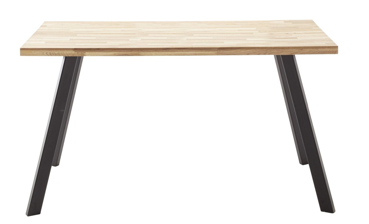 Moderner Esstisch mit Holzplatte und schwarzen Metallbeinen, Frontalansicht