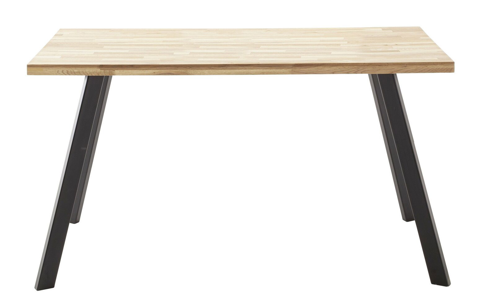 Moderner Esstisch mit Holzplatte und schwarzen Metallbeinen, Frontalansicht