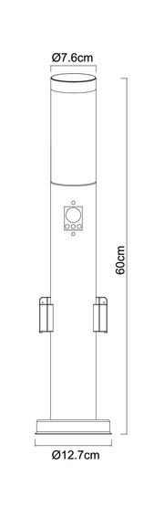 Technische Zeichnung einer zylindrischen Außenleuchte mit einem Durchmesser von 7,6 cm oben und 12,7 cm unten, Höhe 60 cm, seitliche Ansicht.
