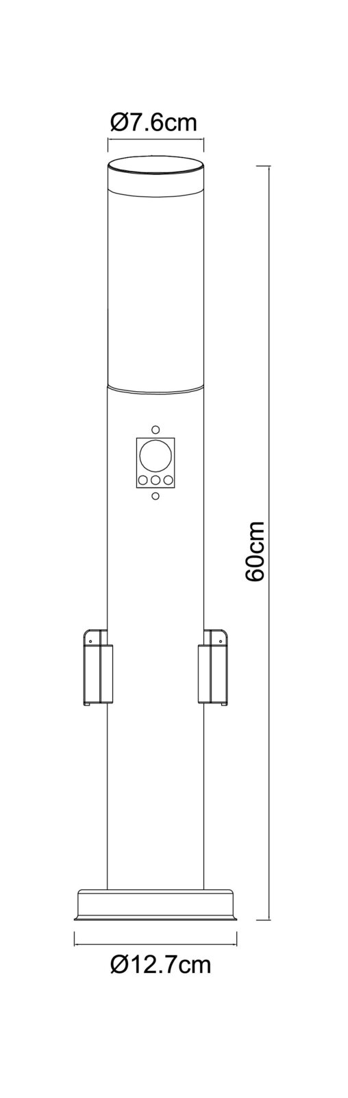 Technische Zeichnung einer zylindrischen Außenleuchte mit einem Durchmesser von 7,6 cm oben und 12,7 cm unten, Höhe 60 cm, seitliche Ansicht.