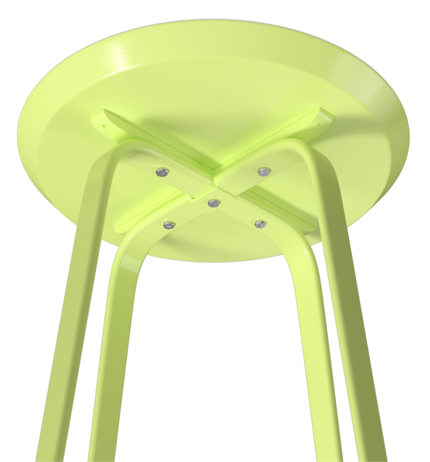 Unteransicht eines hellgrünen Beistelltisches mit Metallbeinen und runder Tischplatte.