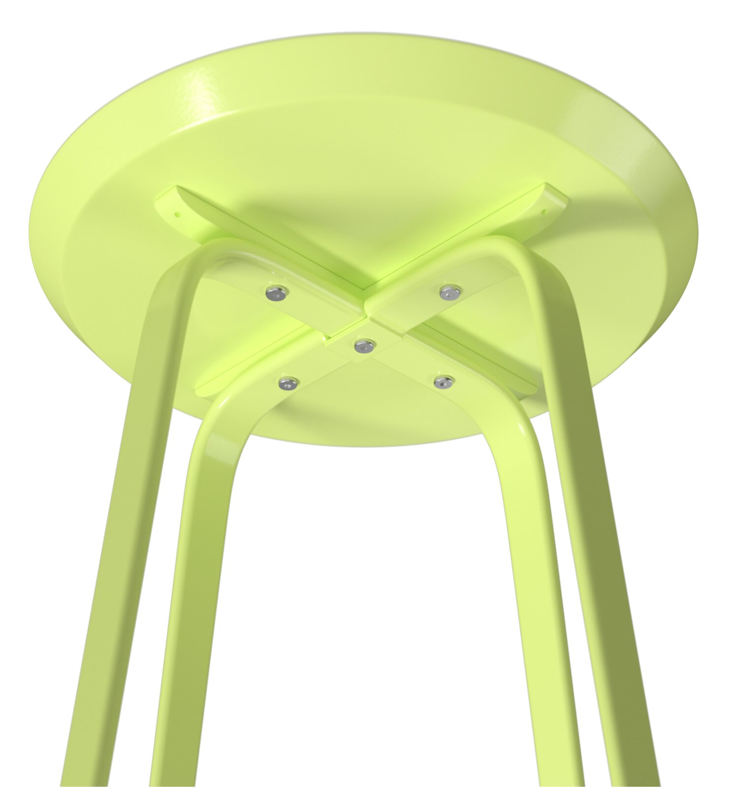 Unteransicht eines hellgrünen Beistelltisches mit Metallbeinen und runder Tischplatte.