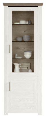 Vitrine in Holzoptik mit Glastür, gefüllt mit Geschirr, Frontalansicht