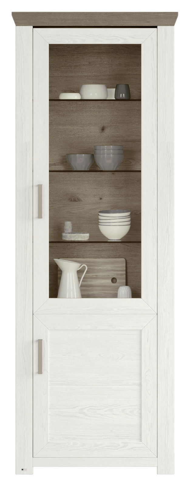 Vitrine in Holzoptik mit Glastür, gefüllt mit Geschirr, Frontalansicht