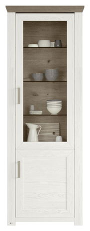 Vitrine in Holzoptik mit Glastür, gefüllt mit Geschirr, Frontalansicht