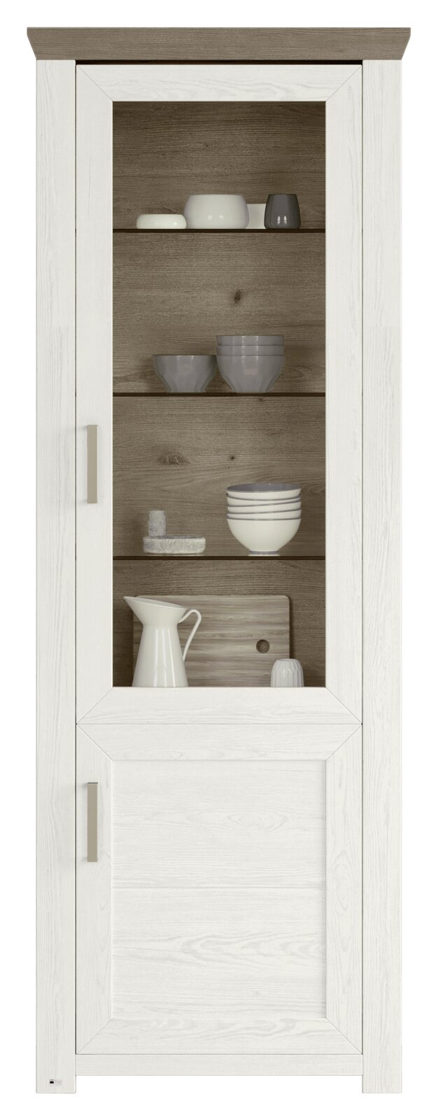 Vitrine in Holzoptik mit Glastür, gefüllt mit Geschirr, Frontalansicht