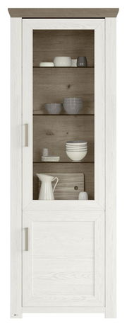 Vitrine in Holzoptik mit Glastür, gefüllt mit Geschirr, Frontalansicht