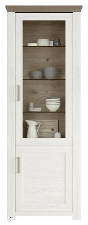 Vitrine in Holzoptik mit Glastür, gefüllt mit Geschirr, Frontalansicht