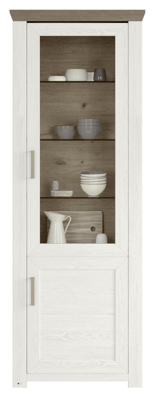 Vitrine in Holzoptik mit Glastür, gefüllt mit Geschirr, Frontalansicht