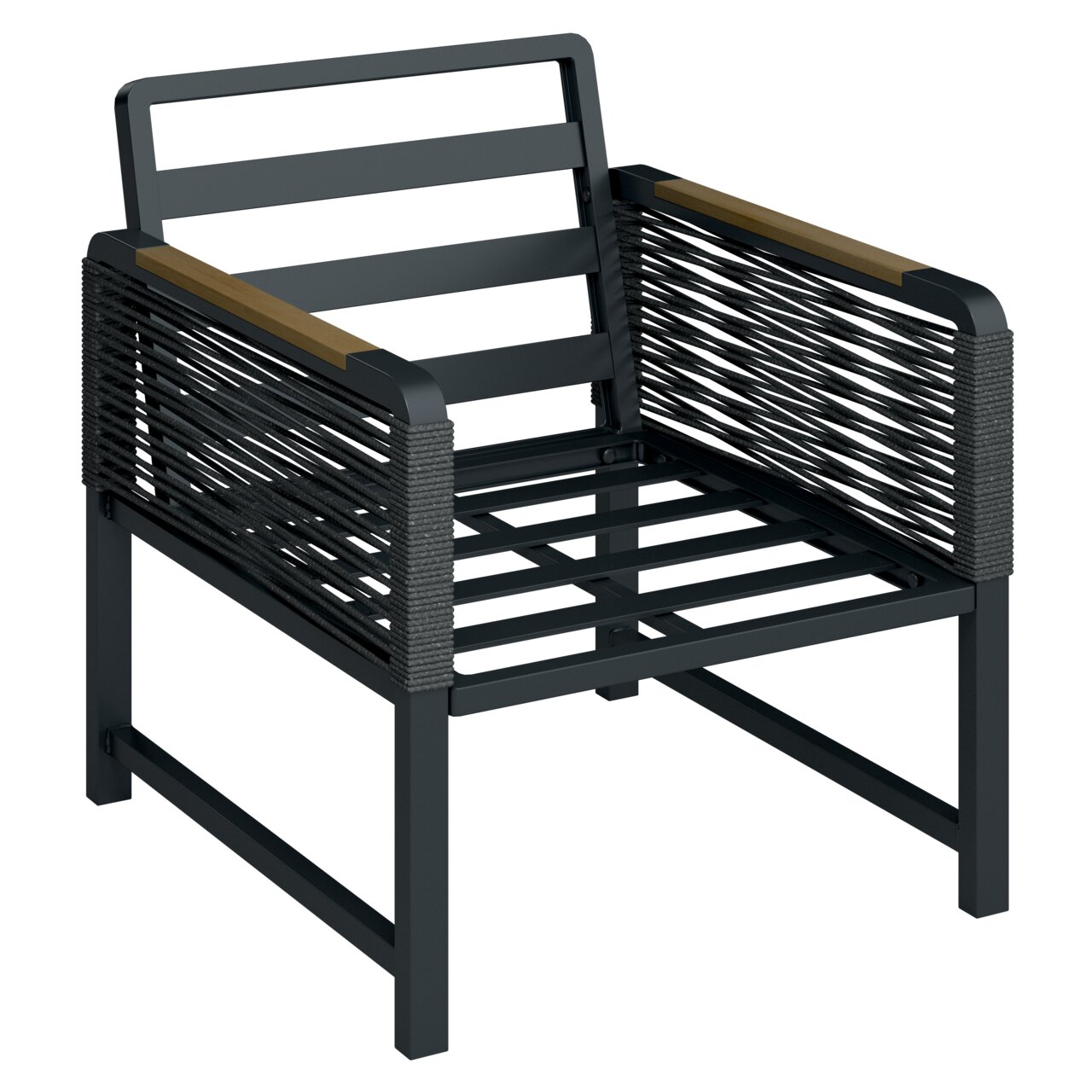 Moderne metalen tuinstoel met kabelbekleding aan de zijkanten en houten armleuningen, zijaanzicht