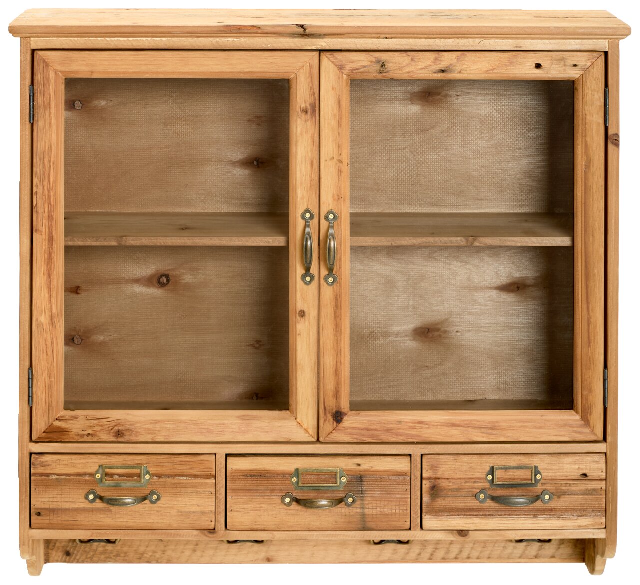 Hängevitrine aus Holz mit Glastüren und drei Schubladen, Frontalansicht