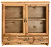 Hängevitrine aus Holz mit Glastüren und drei Schubladen, Frontalansicht