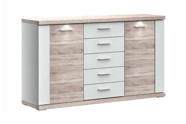 Modernes Sideboard XORA MANHATTAN mit Holzoptik und weißen Akzenten, fünf Schubladen in der Mitte, seitliche Türen, frontale Ansicht.