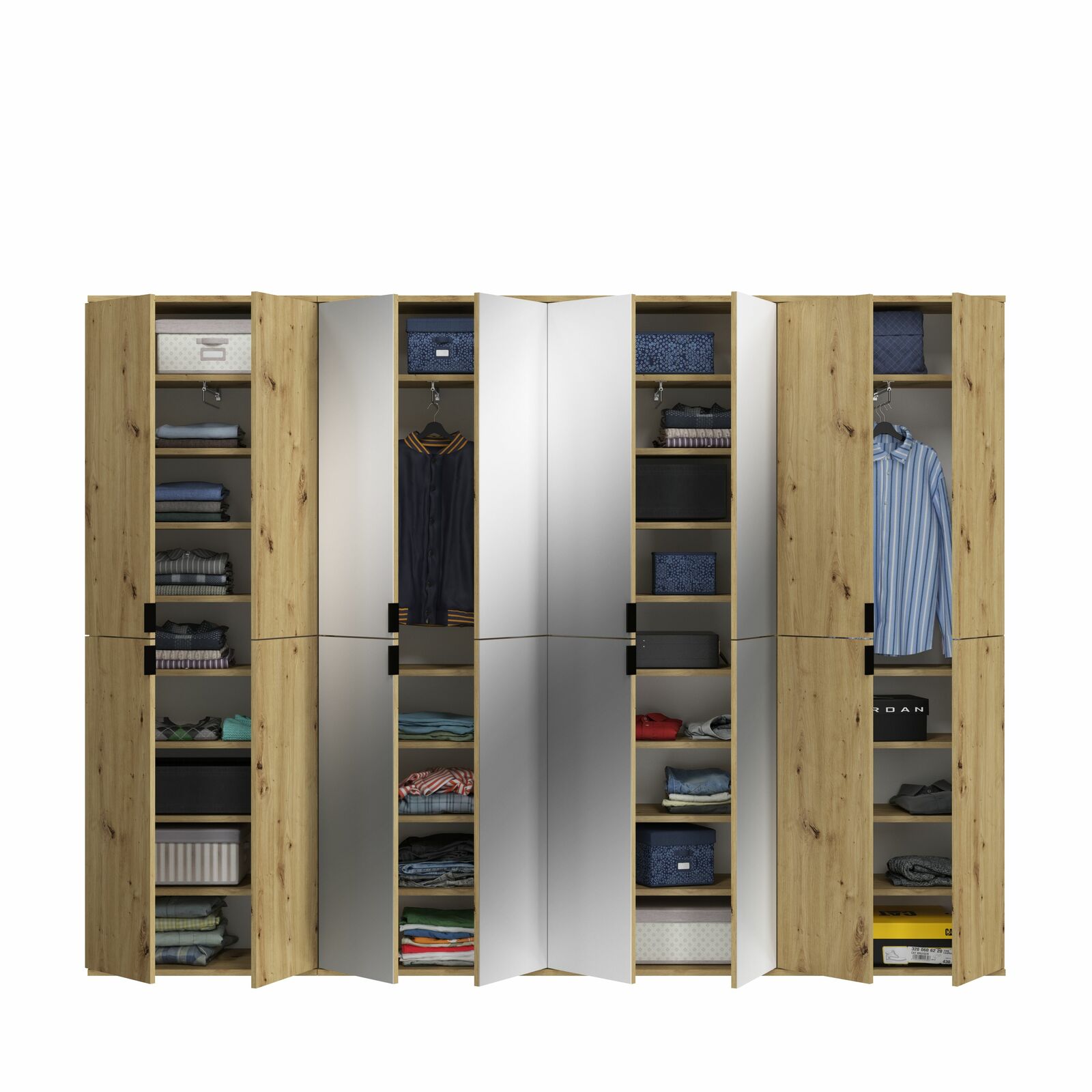 Garderobenkombination aus Holz mit mehreren offenen Türen, die den Blick auf Regale mit Kleidung und Accessoires freigeben. Frontalansicht.